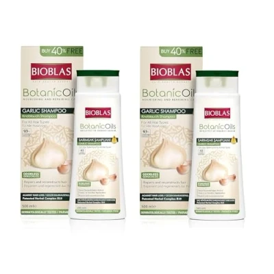 Immagine di 2 x shampoo all&#039;aglio da 500 ml Bioblas, inodore, anti perdita di capelli, donne e uomini