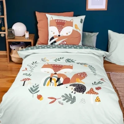 Immagine di CÔTE DECO Parure da letto, 140 x 200 cm, per bambini, reversibile, copripiumino 1 federa 63 motivo volpe verde, set in 100% cotone
