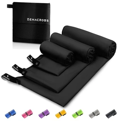 Immagine di Zenacross Asciugamano Palestra (Set di 3) con Borsa per il Trasporto Microfibra a Rapida Asciugatura e Versatile Telo Taglie S, M, L Nero