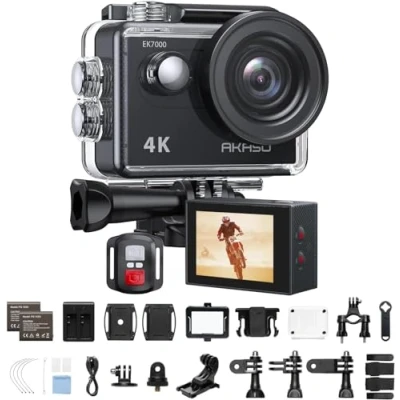 Immagine di AKASO EK7000 Action Cam 4K, Fotocamera Subacquea WiFi 20MP, Impermeabile 30M, Microfono Esterno Compatibile, Telecomando, 2 Batterie 1050 mAh, Accesorios Multiples per Bicicletta Casco Sci Surf