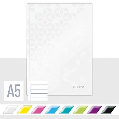 Immagine di Leitz WOW Notebook A5 a righe, copertina rigida, 160 pagine, 80 fogli di carta certificata FSC (80 g/m²), rilegatura filo, per ufficio, scuola o come diario, bianco, 46271001
