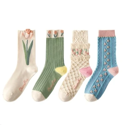 Immagine di HAOXYO 4 Paires Calzini Donna,Calzini Donna Divertenti,Calzini Cotone,Calzini in Cotone Con Motivi Floreali Vintage,Calze Spugna Donna,Comodo Modello Floreale Casual Misto da