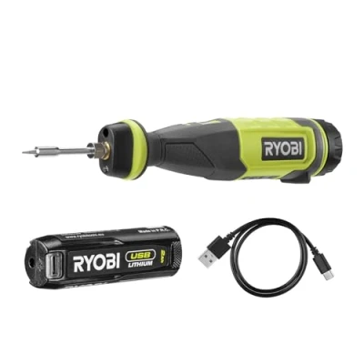 Immagine di Ryobi RSI4 120G, Saldatore a Batteria Ricaricabile con USB C, Temperatura Fino 460 Luce LED, Impugnatura Ergonomica, per Progetti di Hobbistica, 1 da 2,0Ah Inclusa