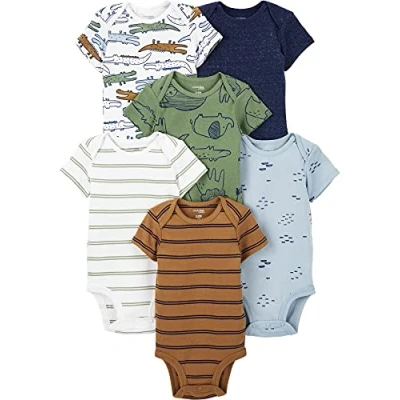 Immagine di Simple Joys by Carter&#039;s Short Sleeve Bodysuit Body, Multicolore/Alligatori/Animali della Foresta/Righe, 0 Mesi (Pacco da 6) Bimbo
