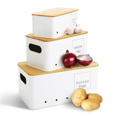Immagine di Lannvan Set di 3 Porta Patate Cucina, Contenitore e Cipolle Aglio, per con Coperchio Fori Ventilazione, Contenitori Salvaspazio Cucina Design Retrò (Bianco)