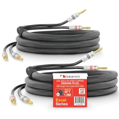 Immagine di Nakamichi Excel Series Connettore Banana Placcato in Oro 24k con Cavo degli Altoparlanti Rame Senza Ossigeno al 99.9% (OFC) Intrecciato Certificato CL2 Nero (12AWG / 6ft 1,8m) 2 Pacchi