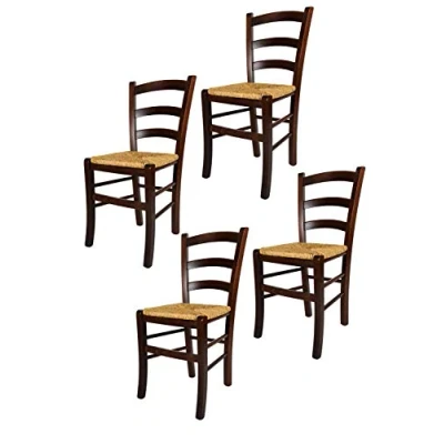 Immagine di t m c s Tommychairs Set 4 Sedie Venezia per cucina bar e sala da pranzo in Faggio Color Noce Scuro seduta paglia