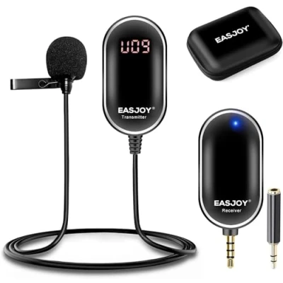 Immagine di EASJOY microfono senza fili Lavalier, con clip radio UHF su e sistema di registrazione in tempo reale, custodia monitoraggio conservazione reale