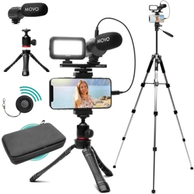Immagine di Movo iVlogger per iPhone con treppiede di dimensioni standard kit Vlog compatibile Lightning Treppiedi, supporto telefono, luce LED e microfono dirrecional avvio YouTube