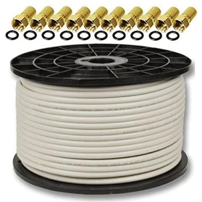 Immagine di Premium X Cavo coassiale Profi PRO 135 Db schermato a 5 Vie, Rame Puro 100 Metri Antenna SAT 100m 135dB + 10x F Plug 8,00mm Colori Gold Gratuito