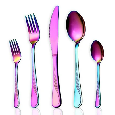 Immagine di HOMQUEN set di posate da 30 pezzi colore arcobaleno, colorate in acciaio inossidabile titanio, argento, servizio per 4 (colorato pezzi)