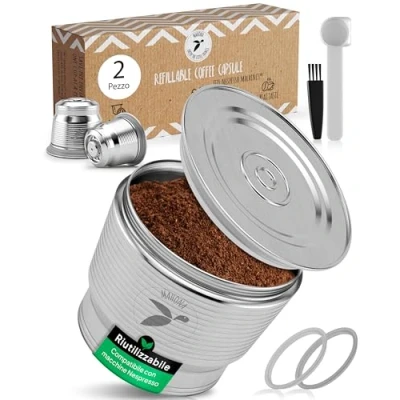 Immagine di Capsule ricaricabili Nespresso in acciaio inox riutilizzabili per chi ama l&#039;ambiente compatibili con le macchine caffè + portacapsule mahona