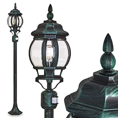 Immagine di lampada da esterno Lentua, rilevatore di movimento, luce percorso in stile antico, fusione alluminio nero/verde, 130 cm, giardino/da terra retro/vintage, E27, IP44, senza lampadina