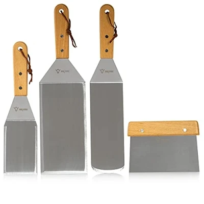 Immagine di set di palette da cucina in acciaio inox 4 pezzi accessori per barbecue plancha con angolari e spatola posate barbecue, utensili teppanyaki