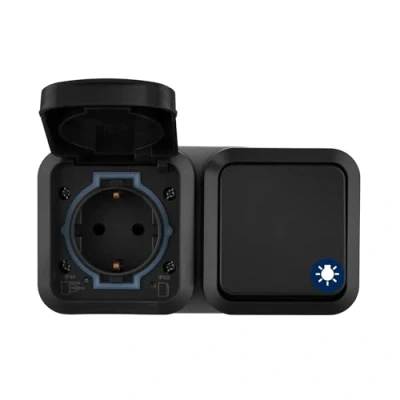 Immagine di REV AquaStorm, presa per ambienti umidi da parete con interruttore della luce, IP55, orizzontale, 230 V, 16 A, antracite