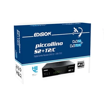 Immagine di EDISION PICCOLLINO S2+T2/C Ricevitore Digitale satellitare e terrestre Full HD DVB S2 T2 C H265 HEVC, 2xUSB, HDMI, AV, LAN, IR, Supporto USB WiFi, Telecomando Universale 2in1
