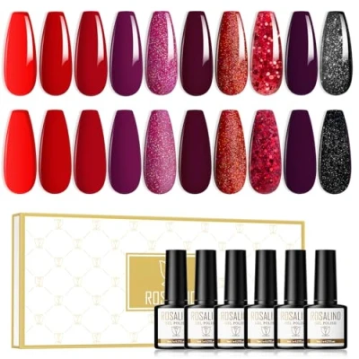 Immagine di ROSALIND Semipermanente Unghie Rosso 10 Colori Smalti Semipermanenti per Nero Fucsia Scuro Glitter Smalto Gel Nail Polish Soak Off UV LED, 8ml