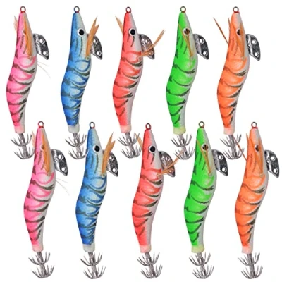 Immagine di Shaddock Fishing, esche da pesca artificiali con calamaro, polipo, seppia, gambero, in legno, amo e colori assortiti, set 9 a 15 cm, 10 pezzi
