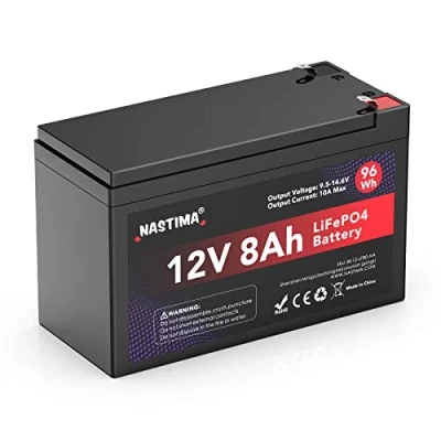 Immagine di NASTIMA Batteria Ricaricabile 12V 8Ah LiFePO4 con Protezione BMS e Ciclo Profondo 4000, Adatta per Kit di Pannelli Solari, Passeggini, Camper, Barche, Campeggio, Ecoscandagli
