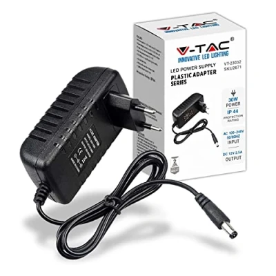 Immagine di V TAC Alimentatore 12V 30W 2,5A per Telecamere, Strisce LED, Modem Adattatore Trasformatore con Spina Corrente Casa Schermi e Apparecchiature Elettroniche Input AC 100 240V 50/60Hz, Nero