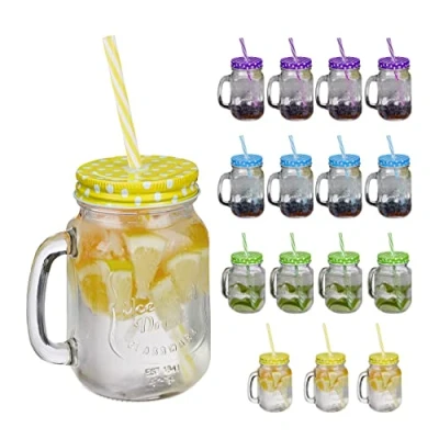 Immagine di Relaxdays Set 16 Tazze con Cannuccia e Coperchio, tè Freddo, Bevande, Limonate, per Party, Manico, 500 ml, Colorato