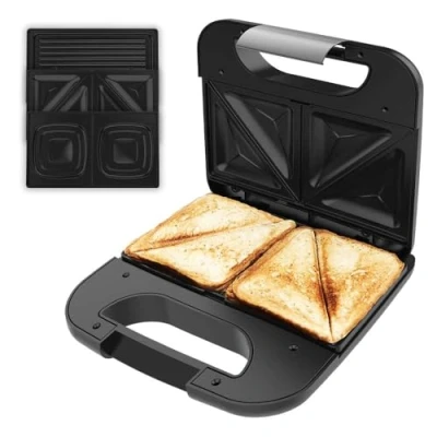 Immagine di Cecotec Sandwichmaker Rock’nToast Combo. 800 W, 2 panini con finiture in acciaio inossidabile, 3 piastre intercambiabili rivestimento antiaderente, privo di PFOA, manico a freddo al tatto
