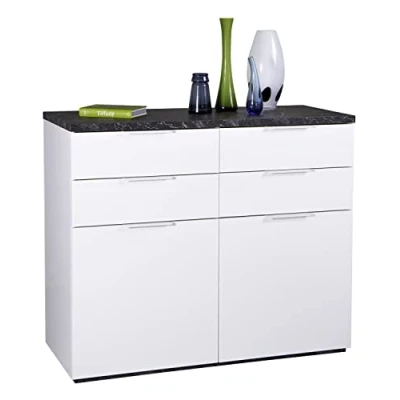 Immagine di Composad Credenza della Linea MUNDI con 4 Cassetti e 2 Ante, Madia, Mobile Ingresso, (LxAxP) 119,60x102,30x50 cm, Colore Marmo Zebra Bianco Laccato, Soggiorno, Made in Italy