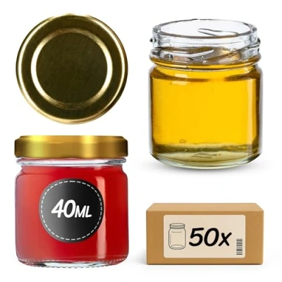 Immagine di KADAX vasetti da 40 ml, mini per conserve, spezie, con tappo a vite, prova, marmellate, miele, rotondi (50 pezzi, coperchio oro)