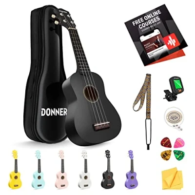 Immagine di Donner Ukulele soprano per principianti adulti ukelele con cinturino online gratuito lezioni sintonizzatore stringa, DMU 01 21 pollici opaco ukalee Bundle Kit Macaron Series Nero