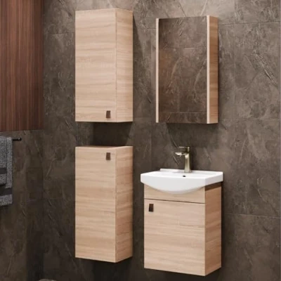 Immagine di Planetmöbel set da bagno completo di mobiletto 45 cm con lavabo, specchiera e armadietto 2X midi in rovere Sonoma, per 5 pezzi.