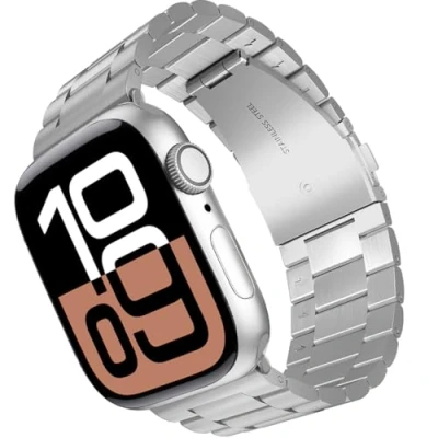 Immagine di ARTCHE Cinturino Compatibile con Apple Watch 46mm/49mm/45mm/44mm/42mm, in Acciaio Inossidabile per iWatch Cinturini Serie 10 Ultra 2/ Ultra, 9 8 7 6 SE2 SE 5 4 3 2 1, Argento