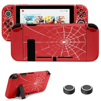 Immagine di JINGDU custodia compatibile con Nintendo switch 2017, in TPU accessorio per console e presa Joy Con, protezione interruttore 4 impugnature pollice, ragnatela rossa