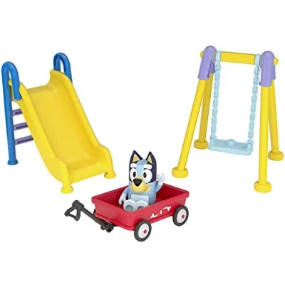Immagine di Bluey Park Play Set: Articulated 2.5 Inch Action Figure and Three Piece Playset with Swing, Slide Ridable Wagon Official Collectable Toy