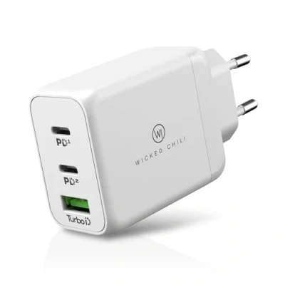 Immagine di Wicked Chili 65W GaN II Caricabatterie USB C Compatibile con MacBook PRO, Air, iPad, iPhone 14, 13, 12, 11, Apple Watch Ultra QC 4.0 Power Delivery PPS Alimentatore rapido (2X Type PD / 1x A)