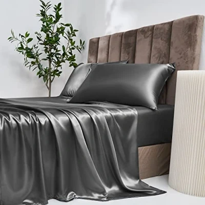 Immagine di Damier Lenzuolo con angoli elasticizzati in raso, 140 x 200 cm, grigio scuro, seta lucida, di alta qualità, adatto per materassi fino a 30 cm
