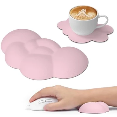 Immagine di Attack Shark Poggiapolsi Cloud Mouse con Sottobicchiere, Polso Ergonomico per Massaggio, Supporto il Polso, Grazioso Accessorio da Scrivania Casa, Ufficio, Giochi Rosa
