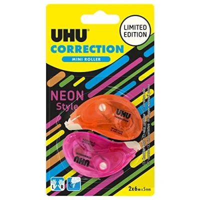 Immagine di UHU Neon Mini Correction Tape Nastro correttore veloce, pulito e preciso, bianco, confezione da 2, 6 m x 5 mm