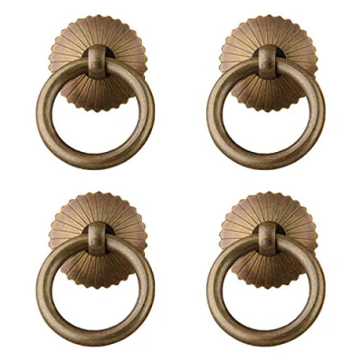 Immagine di Tiazza 4 maniglie ad anello in ottone antico stile cinese, per armadietti da cucina, guardaroba, cassetti, mobili, retrò, piccoli anelli tirare (bronzo antico)