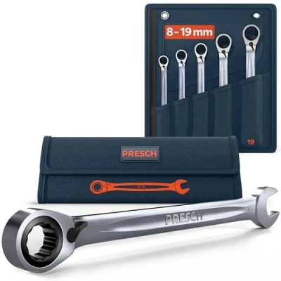 Immagine di PRESCH Set di chiavi a cricchetto reversibili 5 pz (8, 10, 13, 17, 19mm) con borsa Angolo ritorno minimo (4, 90 denti) Chiave robuste fresate precisione