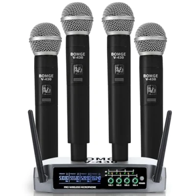 Immagine di BOMGE Sistema di microfono senza fili, set wireless Pro a 4 canali con quattro microfoni mano, frequenza fissa, lungo raggio 200 piedi, ideale per chiesa, karaoke, eventi