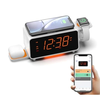 Immagine di Radiosveglia, Caricabatterie Wireless Bluetooth 15 Watt, Porta USB, Doppia Sveglia Dock di Ricarica, Snooze, Digitale Dimmerabile, Display da 1,4 Pollici Luce Notturna LED Arancio iTOMA CKS209