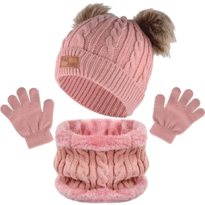 Immagine di volumoon Sciarpa Guanti e Cappello Bambino, a Maglia Bambini Invernale Beanie Guanti, Berretto Scaldacollo Set, con Pompon per tra 1 6 Anni Ragazze Ragazzi (Rosa)