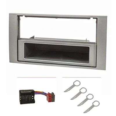 Immagine di tomzz Audio 2415 037 Set di lunetta radio si adatta a Ford Focus 2 Fiesta C Max S Galaxy Mondeo Kuga Transit argento con adattatore quadlock iso, chiusura scatto