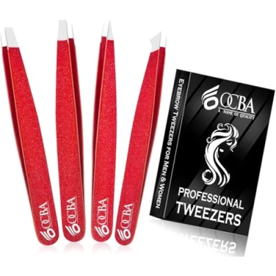 Immagine di OCBA 4 pinzette rosse per peli del viso donne e uomini la cura precisa delle sopracciglia, professionali in acciaio inossidabile con rivestimento di colore nero