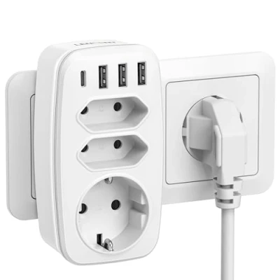 Immagine di LENCENT 4000W Presa Multipla USB, Spina Elettrica Salvaspazio, Multipresa con 1 Schuko e 2 EU 3 USB a C, Adattatore Muro Caricatore per Casa Cucina Ufficio Viaggio