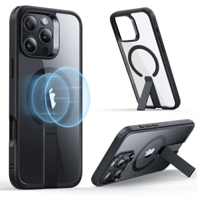 Immagine di ESR Cover con supporto per iPhone 16 Pro Max, Compatibile MagSafe, Custodia magnetica Flickstand completamente regolabile, Protezione di livello militare, Antiurto, Nero Trasparente
