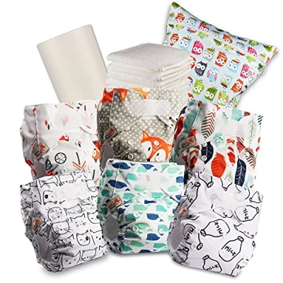 Immagine di Littles &amp; Bloomz pannolini riutilizzabili per bambini, con gancio e anello standard, 6 + inserti, 1 fodera in bambù usa getta, borsa bagnata, 606VM6
