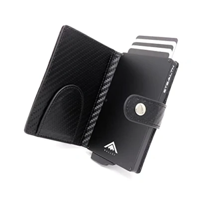 Immagine di Stealth Wallet RFID Portacarte Uomo Minimalista Porta Carte Di Credito con Scatola Regalo Metallo Leggero Portafoglio (Alluminio Argento, Pelle Nera Carbonio, Clip per Soldi)