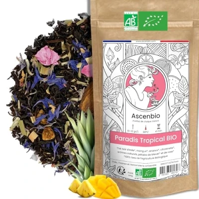 Immagine di Ascenbio ✿ Tè nero paradiso tropicale biologico. mango, ananas e limone. 180 g sciolto. Preparato confezionato in Francia. Imballaggio biodegradabile
