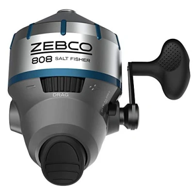 Immagine di Zebco Mulinello da pesca in acqua salata 808, acciaio inox, con inserto ABS, anti inversione e avviso di morso, pre bobina lenza Cajun 9,1 kg, taglia 80, argento